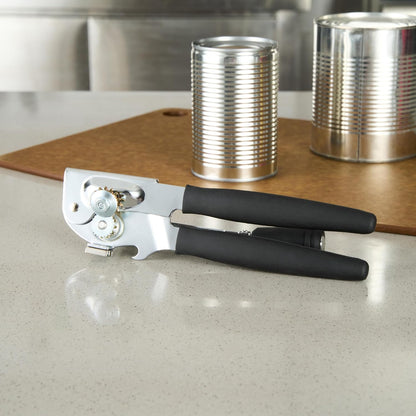 Restaurantware Stainless Steel Magnetic Manual Can Opener - German Standard Red Crank Can Opener with Magnet, Ergonomic Handles, Non-Slip - Heavy-Duty Hand Can Opener, Easy Turn, Sharp Blade