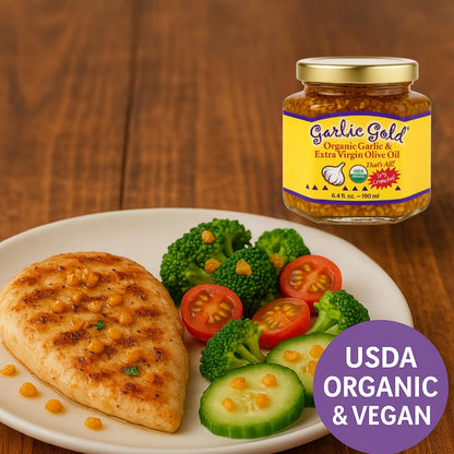 Garlic Gold Toasted Granules in Extra Virgin Olive Oil, USDA Organic Certified Minced Garlic, Sodium Free, Non GMO & Vegan, Keto & Paleo Friendly (6.4 Oz, 2 Pack)