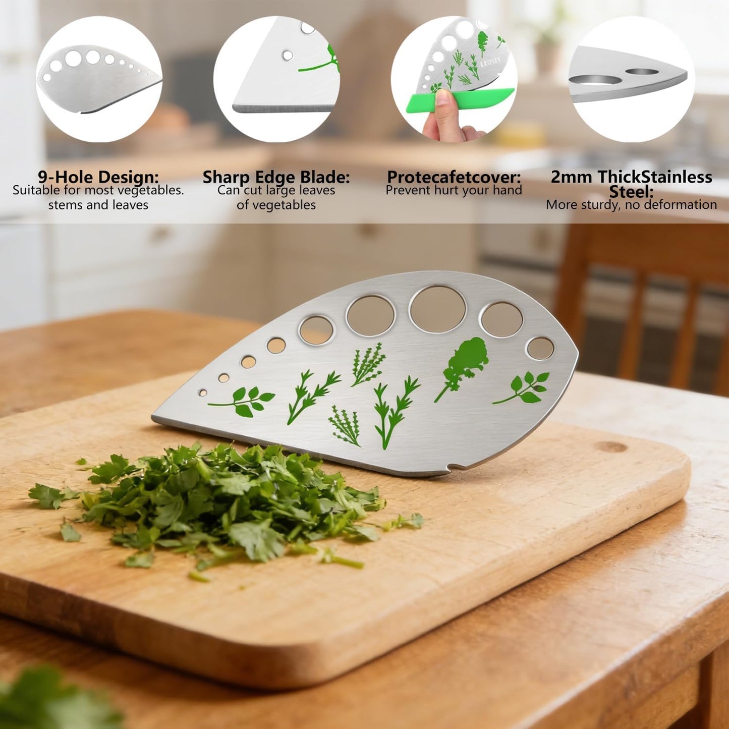 Herb Stripper, Jiaedge Green 9 holes Stainless Steel Kitchen Herbs Leaf Stripping Tool