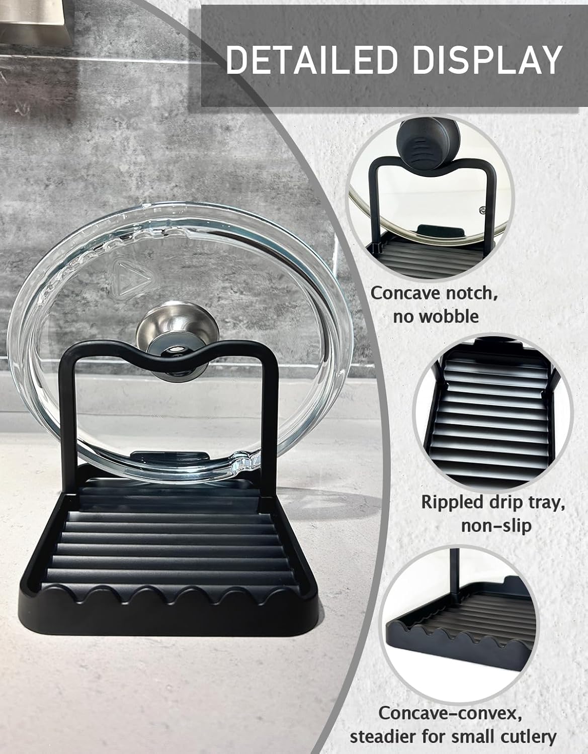 Anti-Rust Metal Spoon Rest with Lid Holder, Heat-Resistant Pot Lid Rest, Multifunctional Spatula Holder While Cooking for Stovetop and Kitchen Counter – Black Gold