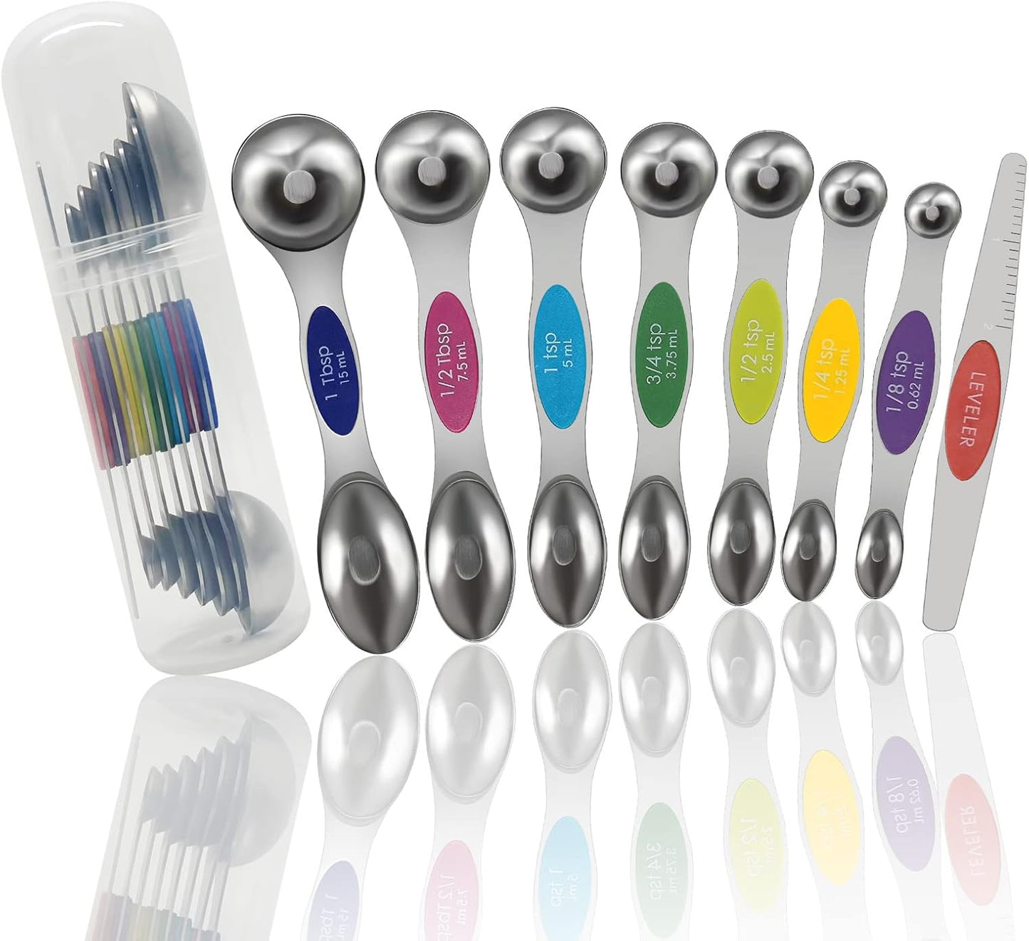 Stainless Steel Magnetic Measuring Spoons Set of 8 with strong Magnets, Dual Sided Measuring Spoons, Kitchen Gadgets for Baking & Cooking, Spice Jars, Measuring Dry & Liquid, Multicolor