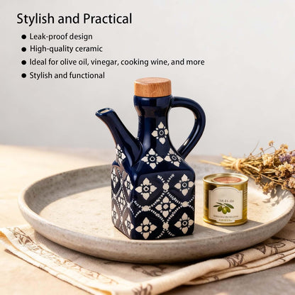 Olive Oil Dispenser Bottle Ceramic，8.5 Oz Decoration Oil Dispenser for Kitchen，Leakproof Oil And Vinegar Container with Handle，Italian Cooking Oil Cruet，Easy Pour (Blue)