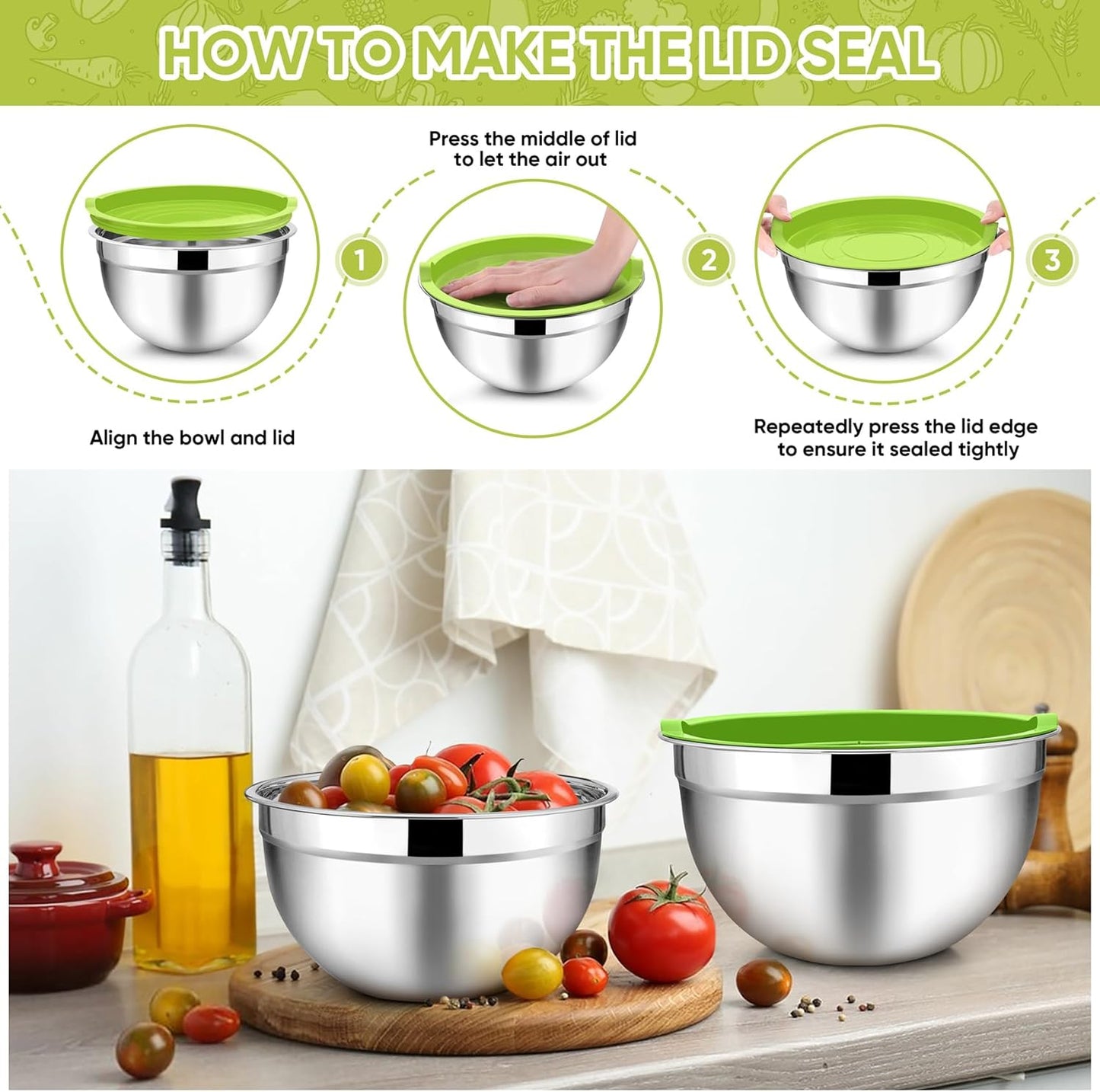 TeamFar Mixing Bowls with Lids, 5-Piece Stainless Steel Metal Nesting Salad Bowl for Mixing Prepping, Healthy & Heavy Duty, Airtight Lids & Dishwasher Safe, 4.5/3/1.5/1/0.7 QT-Khaki