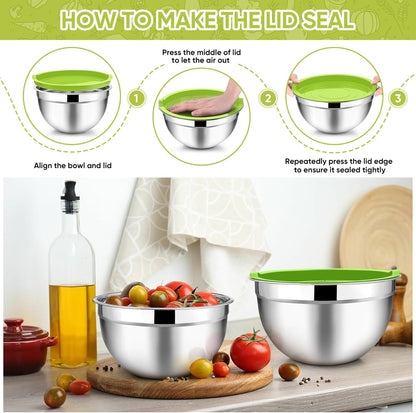 TeamFar Mixing Bowls with Lids, 5-Piece Stainless Steel Metal Nesting Salad Bowl for Mixing Prepping, Healthy & Heavy Duty, Airtight Lids & Dishwasher Safe, 4.5/3/1.5/1/0.7 QT-Khaki