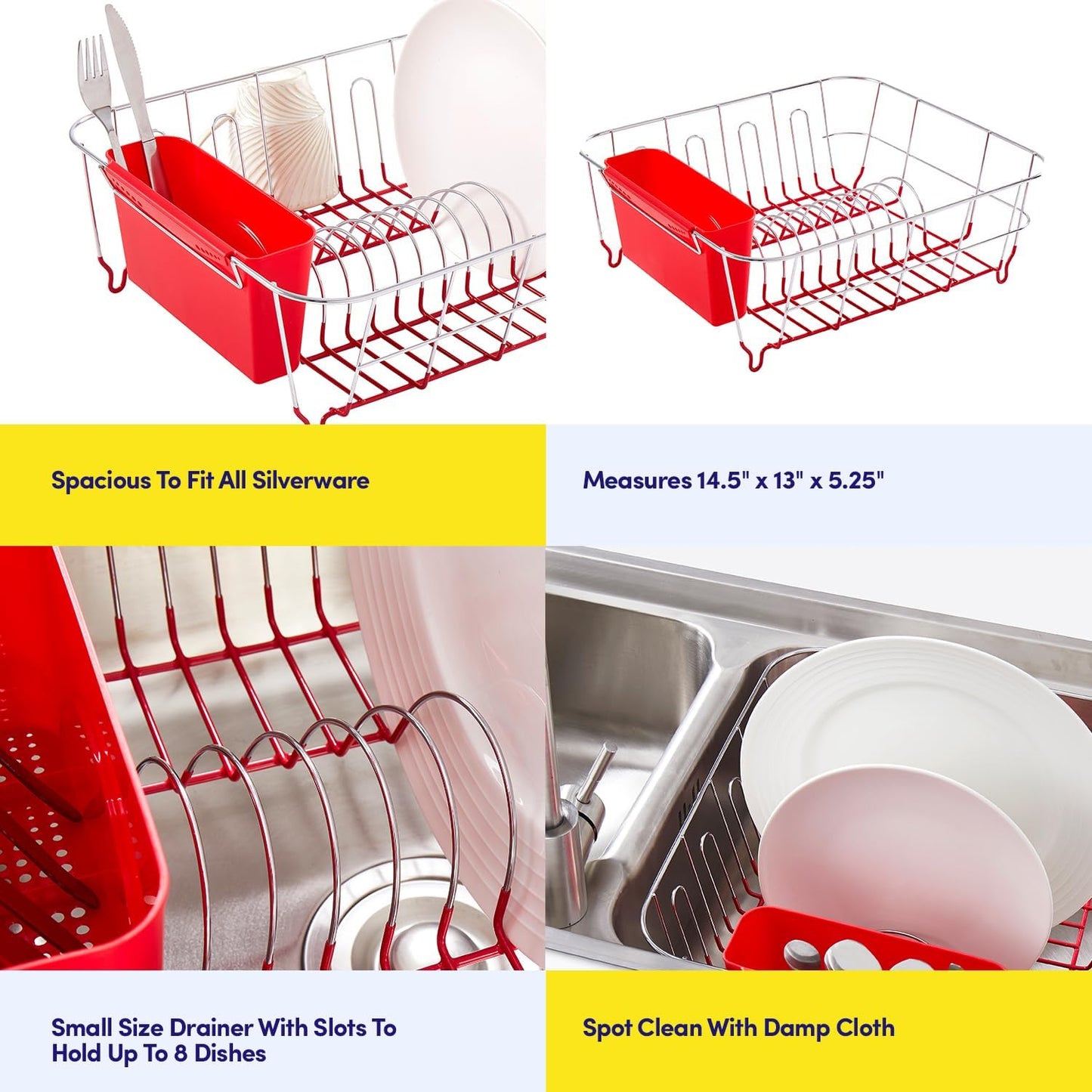 Dish Drying Rack & Cutlery Holder 2 Piece Set - Compact Sink-Fitting Dish Drainer with Rubberized Undercoating, Space-Saving Kitchen Organizer for Plates, Cups, Bowls & Utensils in Sink, Silver