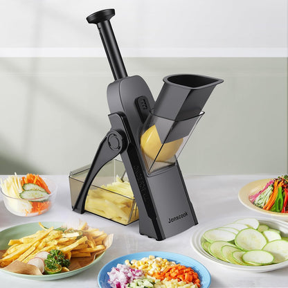 Safe Mandoline Slicer for Kitchen, Adjustable Thickness 0.1-8 mm, 5 in 1 Multi Vegetable Chopper, Potato Slicer, Food Chopper French Fry Cutte, Paring Knife/Cleaning Brush, Mandolin (BlackKnight)