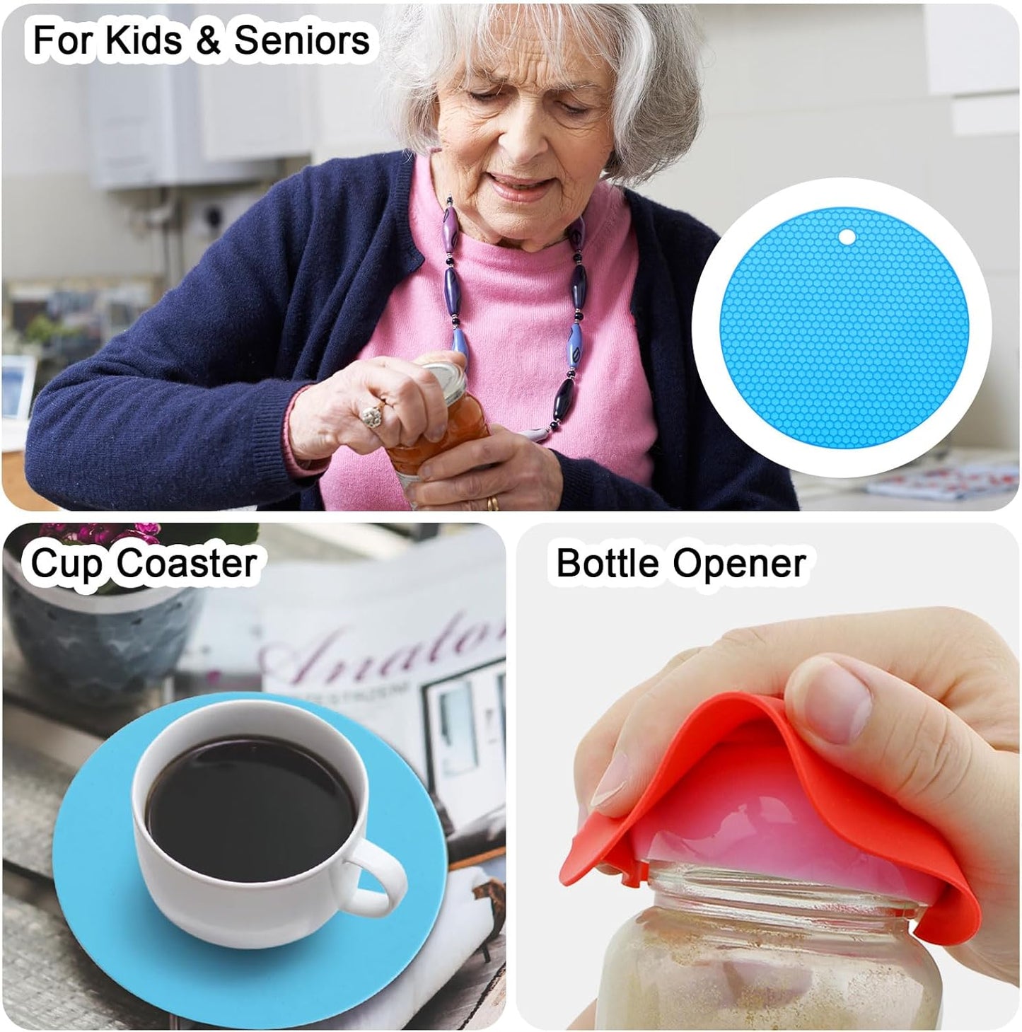 uxcell 3pcs Silicone Jar Opener Pads, 17.5cm/7" Texture Can Opener Multipurpose Round Bottle Lid Opener Non-Slip Coasters for Weak Hands Seniors Children, Orange, Blue, Gray