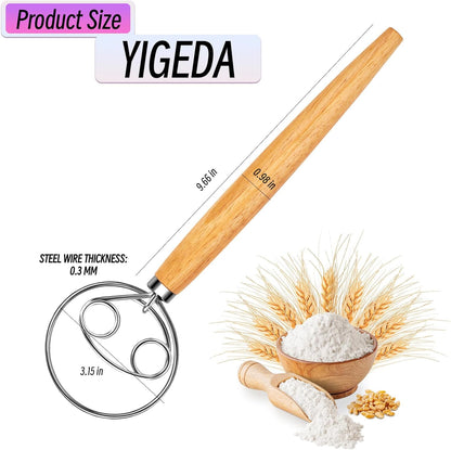 Danish Dough Whisk Stainless Steel Wooden Handle for Sourdough Bread Pizza and Pastry Making