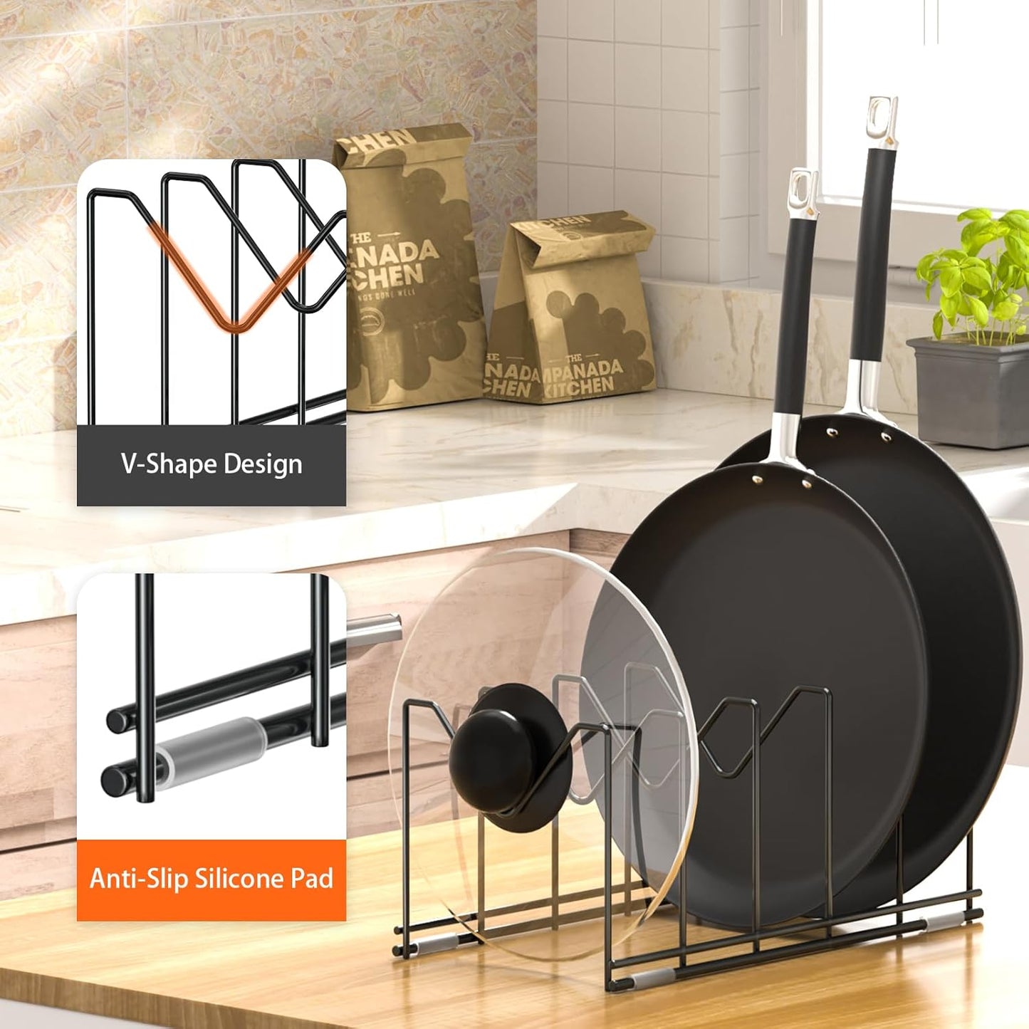 HzTinT 3 Pack Pot Lid Organizer for Cabinet, Stainless Steel Pot Lid Rack with Anti-slip Pad, Lid Holder for Pans Pots, Bakeware, Plates, Cookie Sheets, Trays, Dish, Cutting Boards, Silver