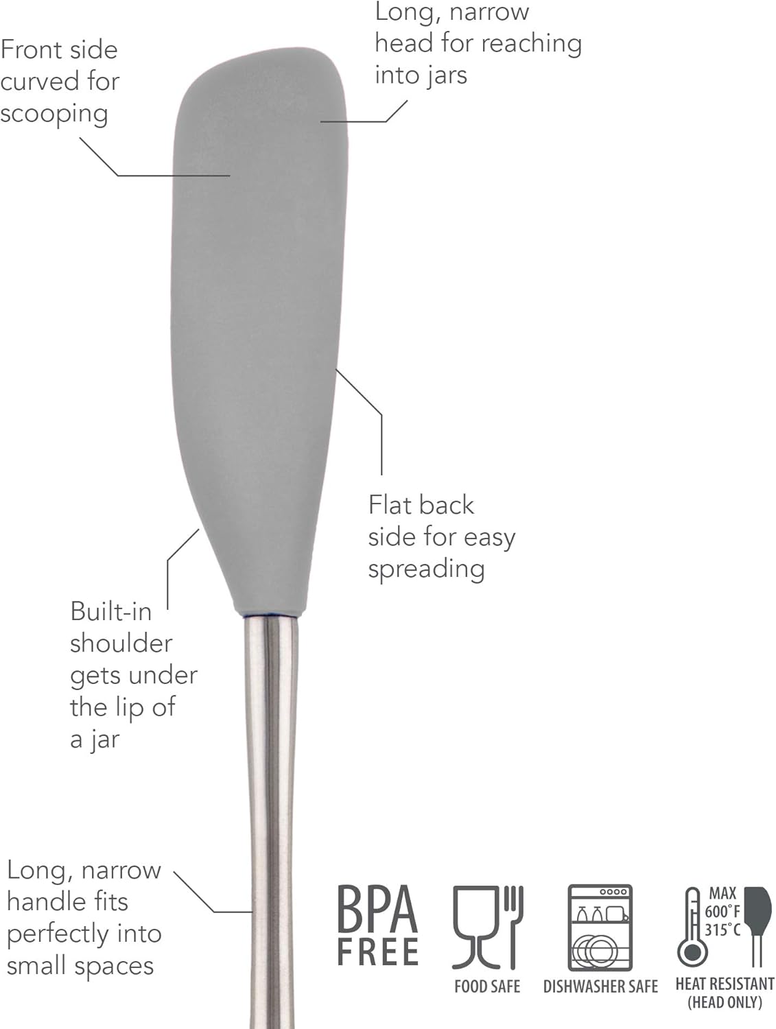Tovolo Flex Core Silicone Spatula Spoonula Set of 2 for Non Stick Cast Iron Cooking & Baking, Dishwasher Safe Heat Resistant BPA Free Long Stainless Steel Handle Kitchen Utensil, Charcoal Gray