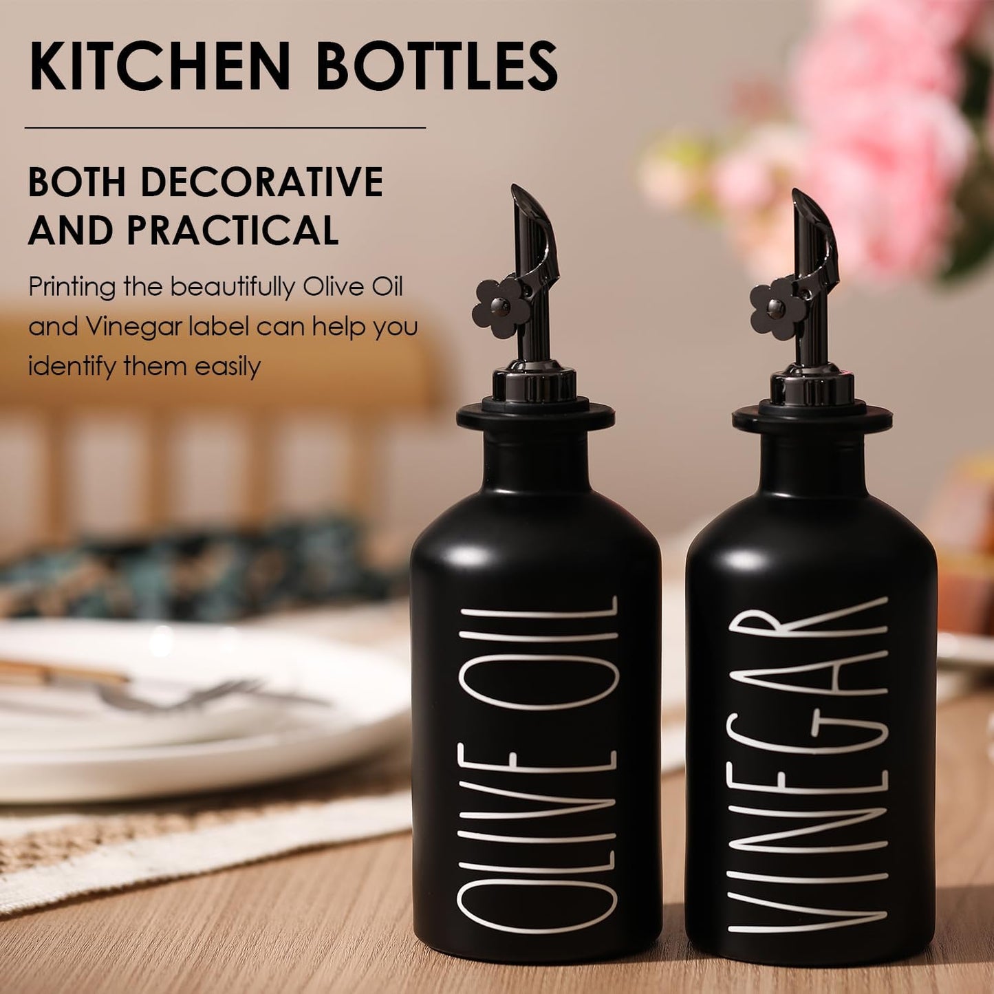 HOMCDALY Premium Olive Oil Dispenser for Kitchen, 11.8oz Glass Oil Bottles with Bamboo Tray, White and Gold Oil&Vinegar Cruet Set, Kitchen Dispenser Bottles with Pourer| Set of 2 (11.8oz –P–Gold)