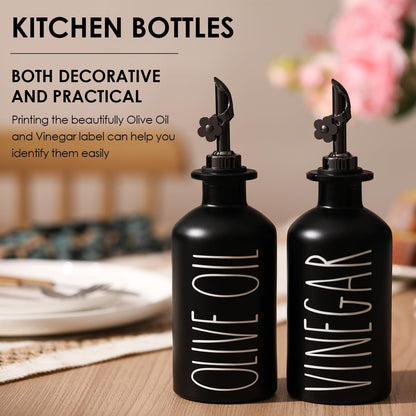 HOMCDALY Premium Olive Oil Dispenser for Kitchen, 11.8oz Glass Oil Bottles with Bamboo Tray, White and Gold Oil&Vinegar Cruet Set, Kitchen Dispenser Bottles with Pourer| Set of 2 (11.8oz –P–Gold)