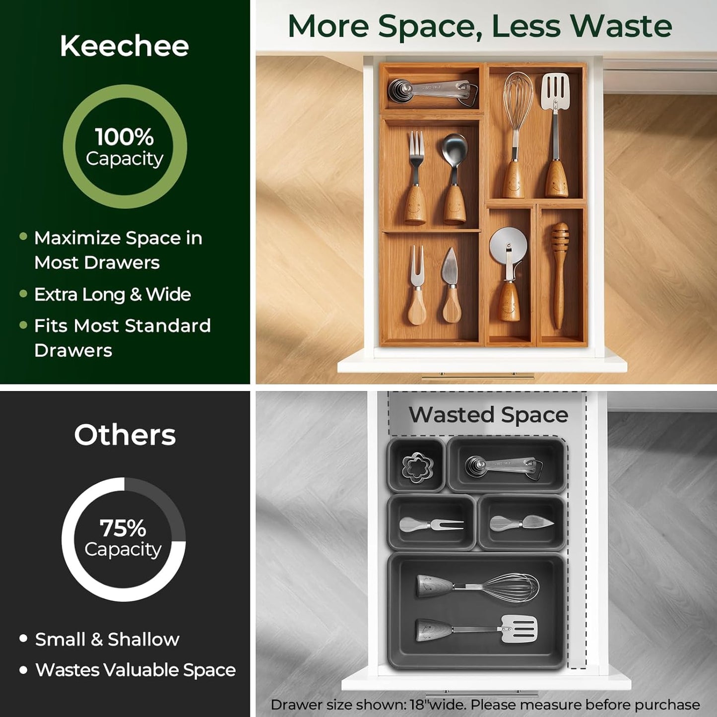 keechee Carbonized Bamboo Kitchen Drawer Organizer, 10 Slots Expandable Silverware Organizer, Utensil Holder & Cutlery Tray, 2.2" Deep for Extra Capacity, Non-Slip Feet Included