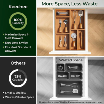 keechee Carbonized Bamboo Kitchen Drawer Organizer, 10 Slots Expandable Silverware Organizer, Utensil Holder & Cutlery Tray, 2.2" Deep for Extra Capacity, Non-Slip Feet Included