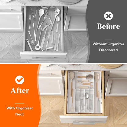 Lifewit Silverware Drawer Organizer, Expandable Utensil Tray for Kitchen, BPA Free Flatware and Cutlery Holder, Adjustable Plastic Storage for Spoons Forks Knives, 4-7 Slots, Black