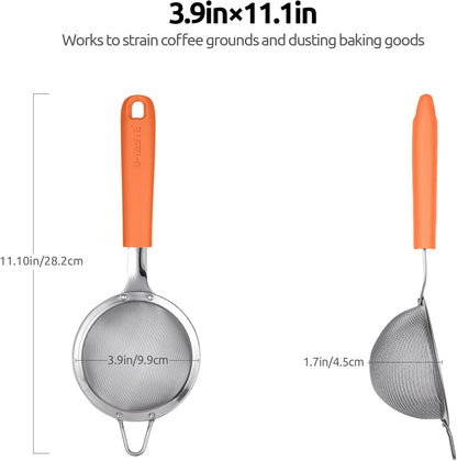 18/8 Stainless Steel Mesh Strainer: U-Taste 5.5 Inch Kitchen Fine Mesh Sieve Food Colander with Riveted Sturdy Silicone Handle and 30 Mesh Hole for Straining Flour, Pasta, Fruit, Quinoa(Aqua Sky)