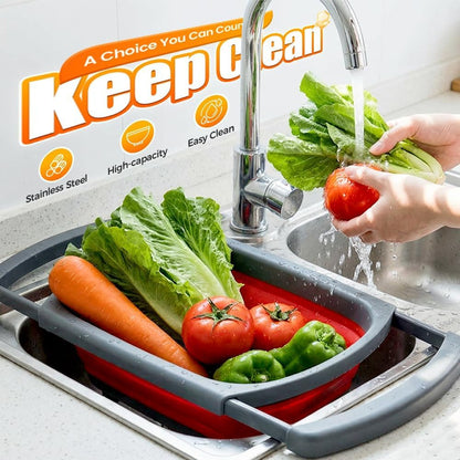 6 Quart Collapsible Colander Strainer Over the Sink, Extendable Handles Kitchen Vegetable Fruit Pasta Strainer Basket, Space-Saving Silicone Food Grade, Dishwasher Safe (Blue)