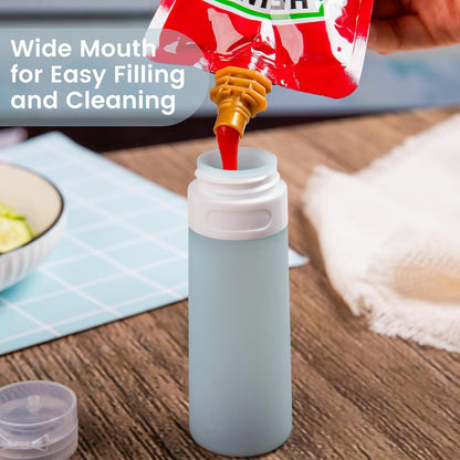 MICEBAY Condiment Squeeze Bottles for Sauces, 2-oz Mini Silicone Salad Dressing Container to Go with Reusable Sandwich Bag, Leakproof Ketchup Bottle for Bento Lunch Box, 4 Pack, Candies