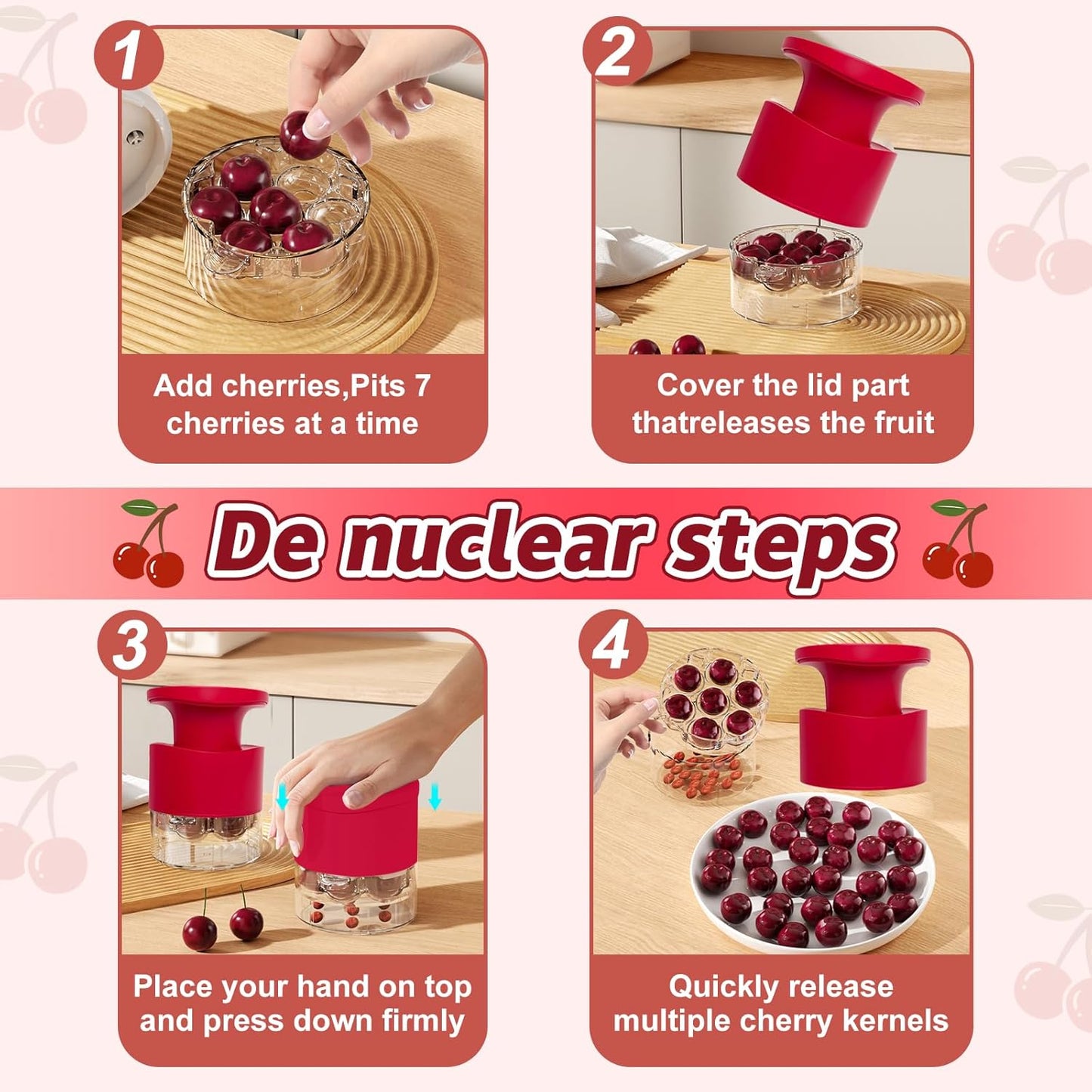 Cherry Pitter - Quick Release Multi Cherries Stoner Pitter 7-in-1, Push Button Cherr'y Core Pit'ter Tool Multiple with Splatter Protector, Pit Seed Remover for Making Jam Cherry Dishes (Red-7 Holes)