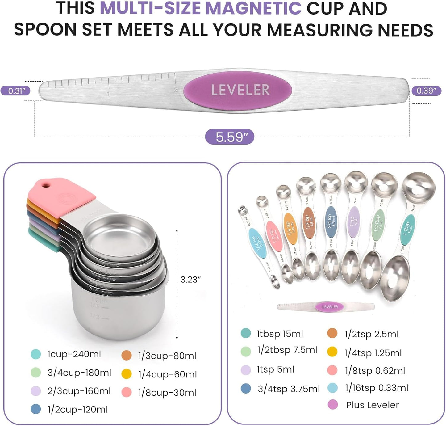 Magnetic Measuring Cups and Spoons Set-Heavy Duty 304 Stainless Steel，Double Measurement Markings，Set of 16 with Leveler for Measure Dry and Liquid Ingredients (Black)