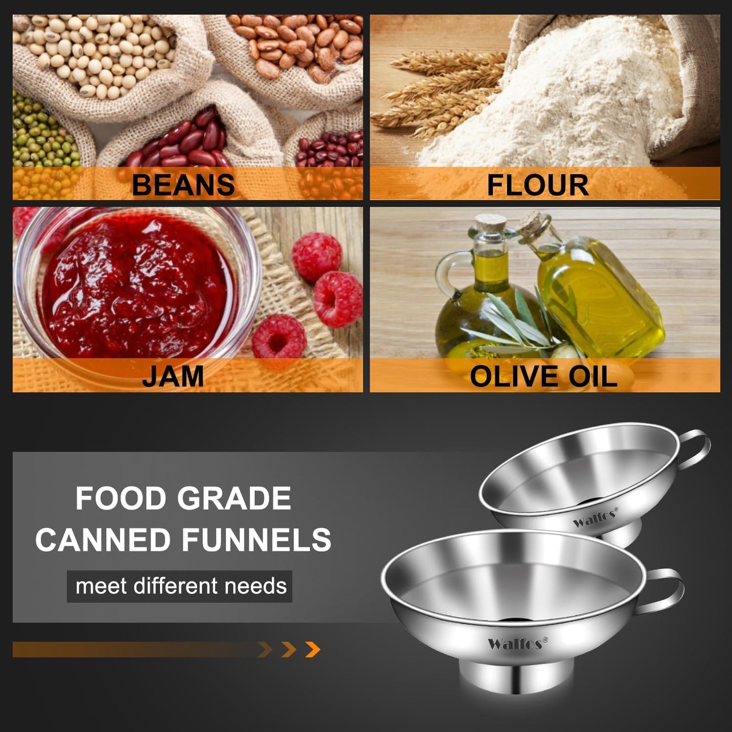 Stainless Steel Funnel, Walfos 3 Pack Kitchen Funnel with 2 Removable Strainer ＆ 1Pcs Cleaning Brush, Perfect for Transferring of Liquid, Oils, Jam, Dry Ingredients & Powder