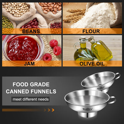 Stainless Steel Funnel, Walfos 3 Pack Kitchen Funnel with 2 Removable Strainer ＆ 1Pcs Cleaning Brush, Perfect for Transferring of Liquid, Oils, Jam, Dry Ingredients & Powder