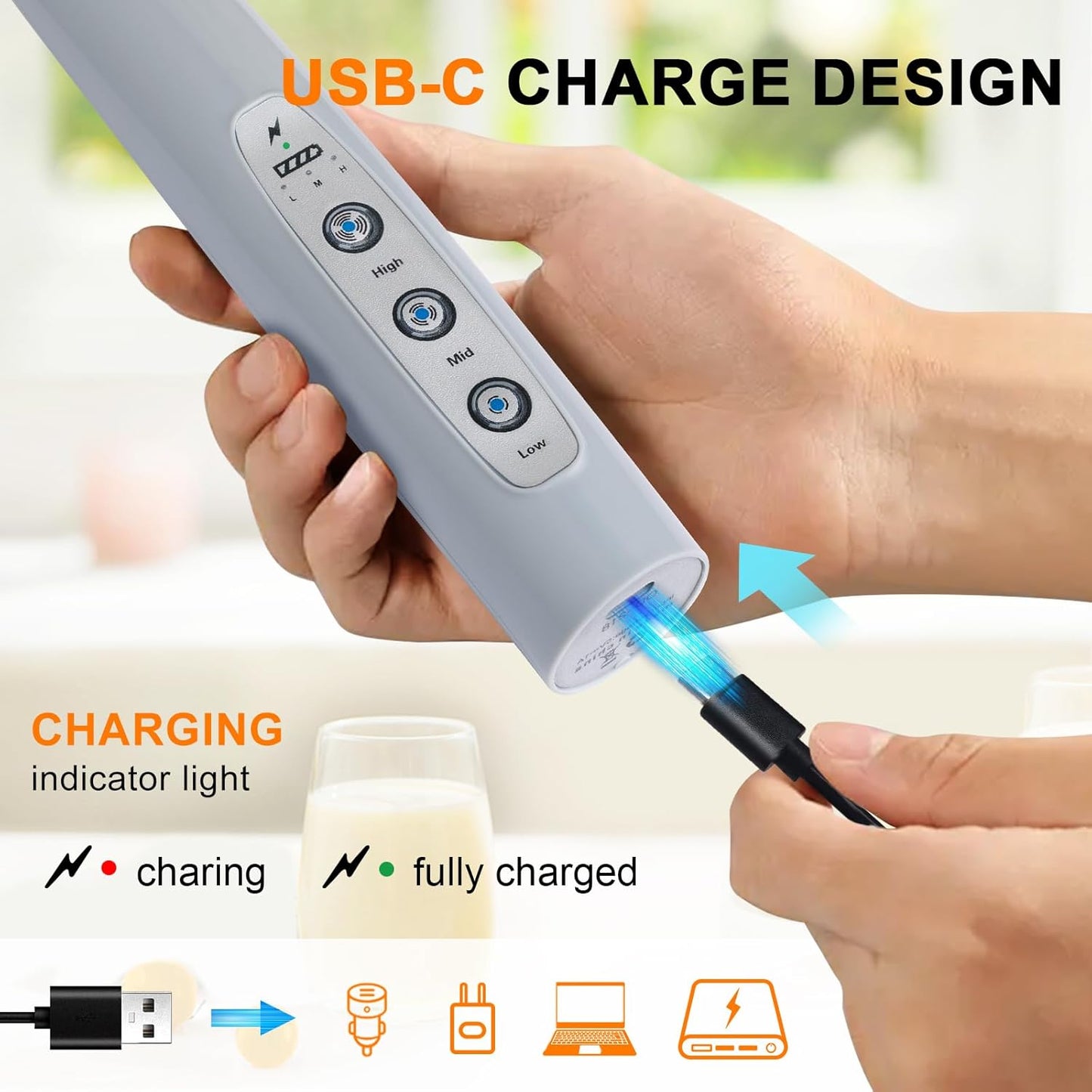 YUSWKO Black Handheld Milk Frother Wand for Coffee, Rechargeable Electric Whisk with 3 Heads 3 Speeds Drink Mixer Coffee Frother For Latte, Cappuccino, Hot Chocolate, Egg