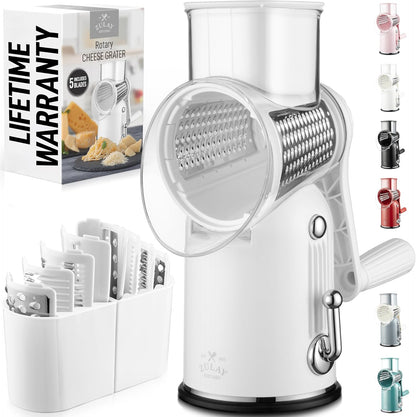 Zulay Kitchen Rotary Cheese Grater 5 Blade Cheese Shredder - Manual Hand Crank Cheese Grater With Reinforced Suction & 5 Interchangeable Drums - Easy to Use, Vegetable Chopper Round Mandoline Slicer - Colors A