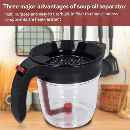 Fat Separator with Bottom Release, Kitchen Grease Strainer Measuring 4 Cup Gravy Separator with Oil Strainer Oil Grease Measuring Cup for Cooking, Healthier Gravy, Soup
