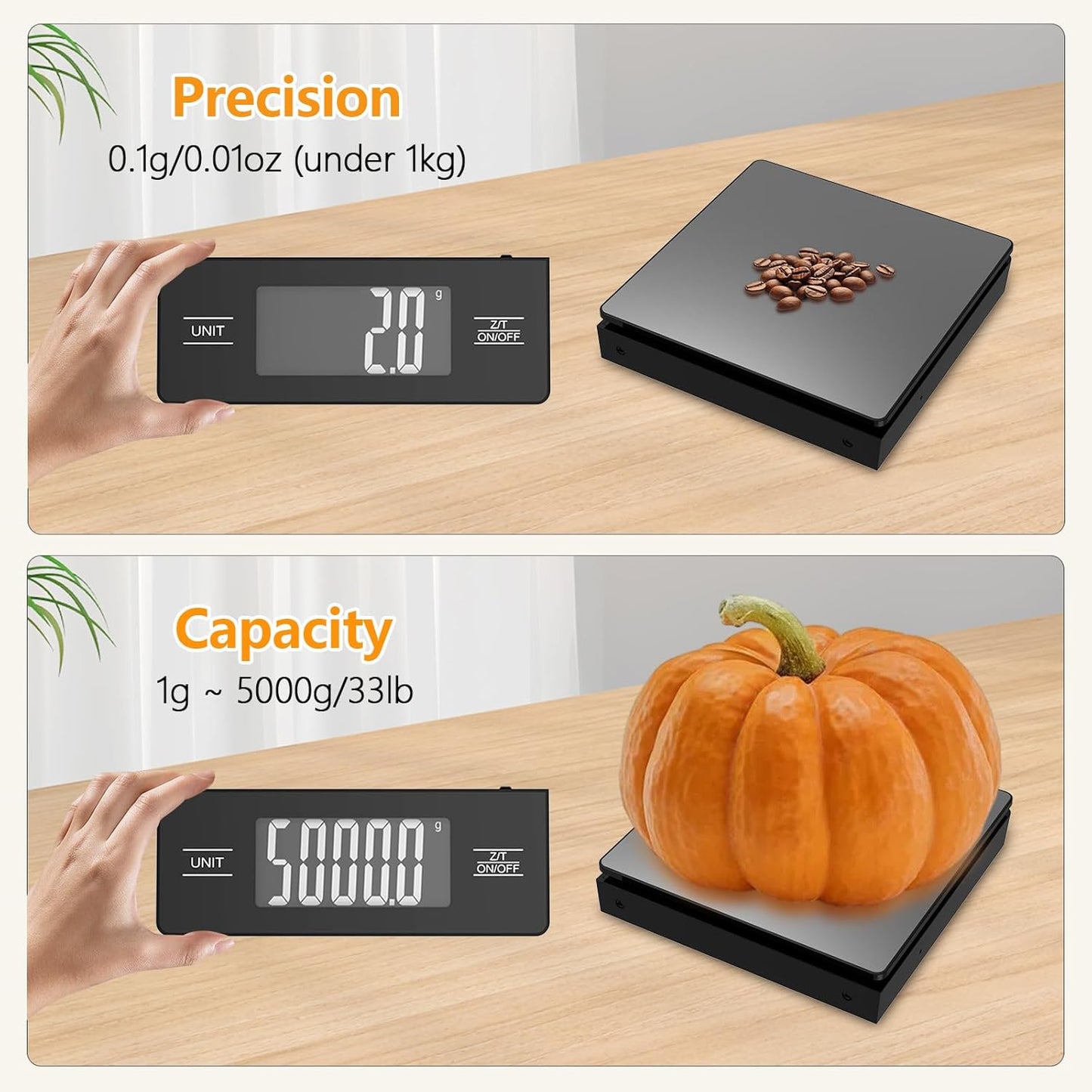 Kitchen Scale with Detachable Display Wireless Stainless Steel Digital Food Scale, 11lb/5kg, 1g Precision, Backlit LCD, Tare Function for Baking, Coffee Brewing & Cooking, Metallic/Black