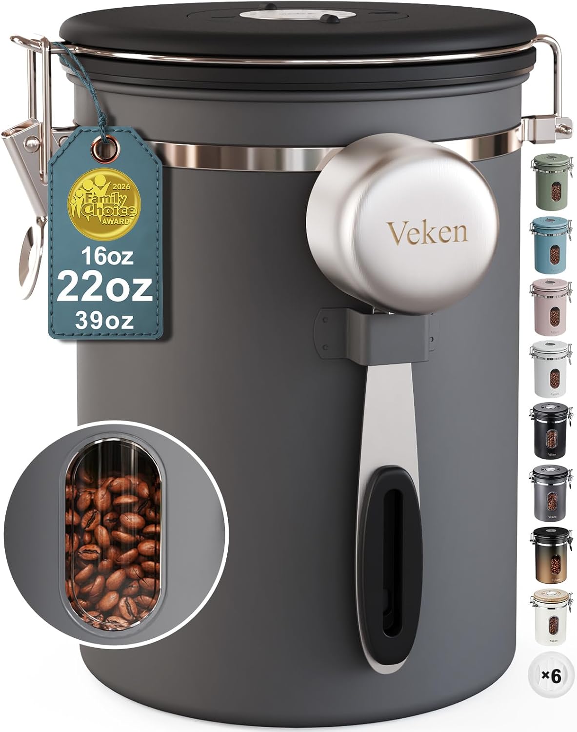 Veken Coffee Canister with Window,Airtight Stainless Steel Pantry Container,Home Kitchen Food Storage Organizers for Ground,Beans,Espresso,Rice,Tea,Sugar,Cereal, Decor,Bar Accessories,Gifts,22OZ,Black