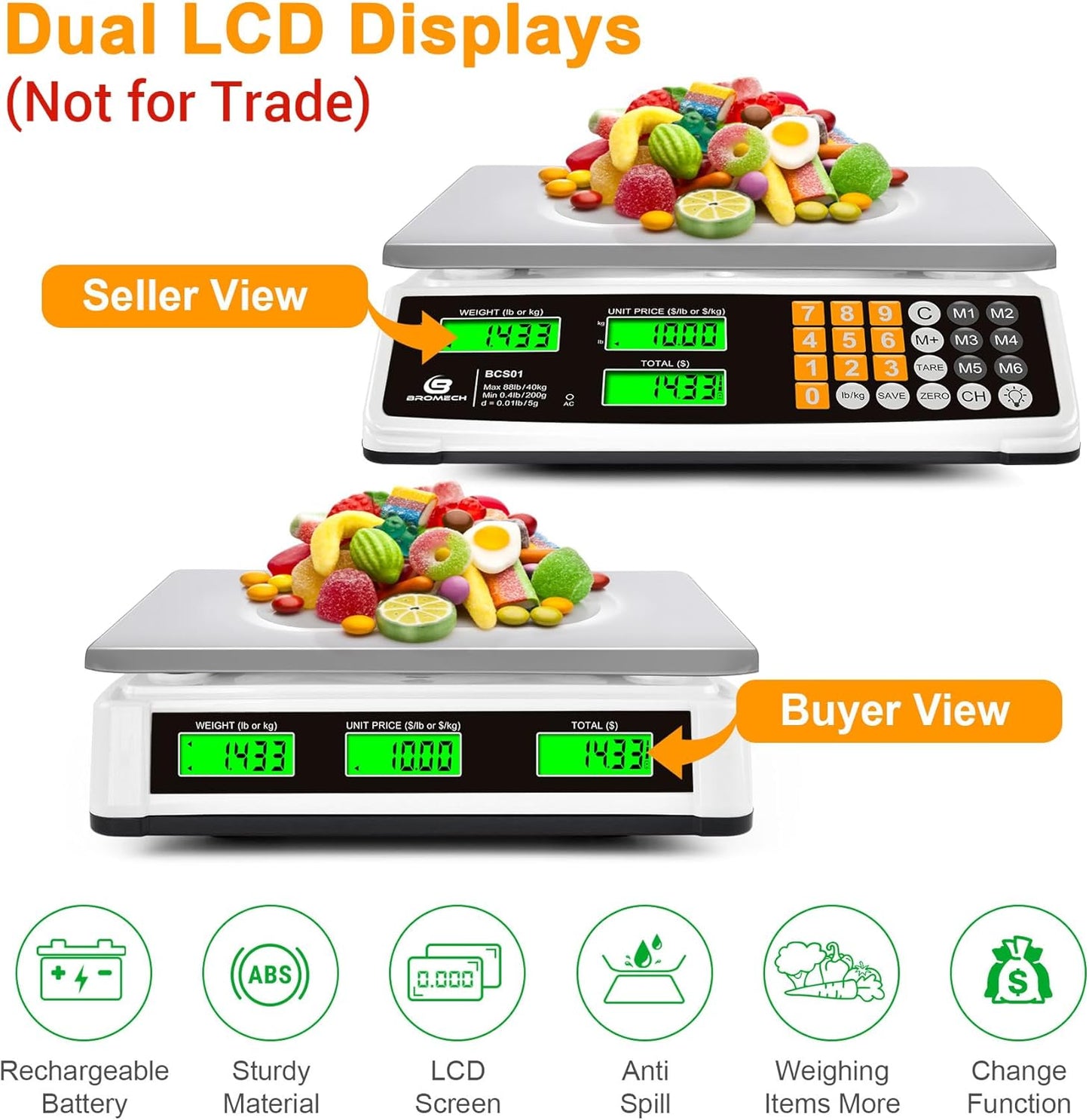 Price Computing Scale 88lb/40kg Commercial Food Scale for Produce Meat with Stainless Steel Large Platform, LCD Display, and Green Bright Backlight for Farmers Markets, Deli, （Not for Trade）