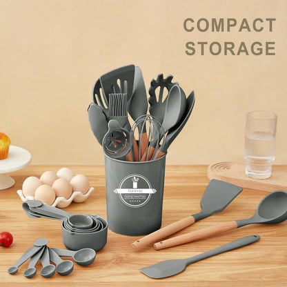Kitchen Utensils Set - 34 PCS Non-Stick Silicone Cooking Utensils Set Spatula Set with Holder, Wooden Handle Spoon,Brush,Whisk Kitchen Gadgets Tools Set for Nonstick Cookware (Cream White-34P)