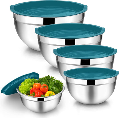 TeamFar Mixing Bowls with Lids, 5-Piece Stainless Steel Metal Nesting Salad Bowl for Mixing Prepping, Healthy & Heavy Duty, Airtight Lids & Dishwasher Safe, 4.5/3/1.5/1/0.7 QT-Khaki