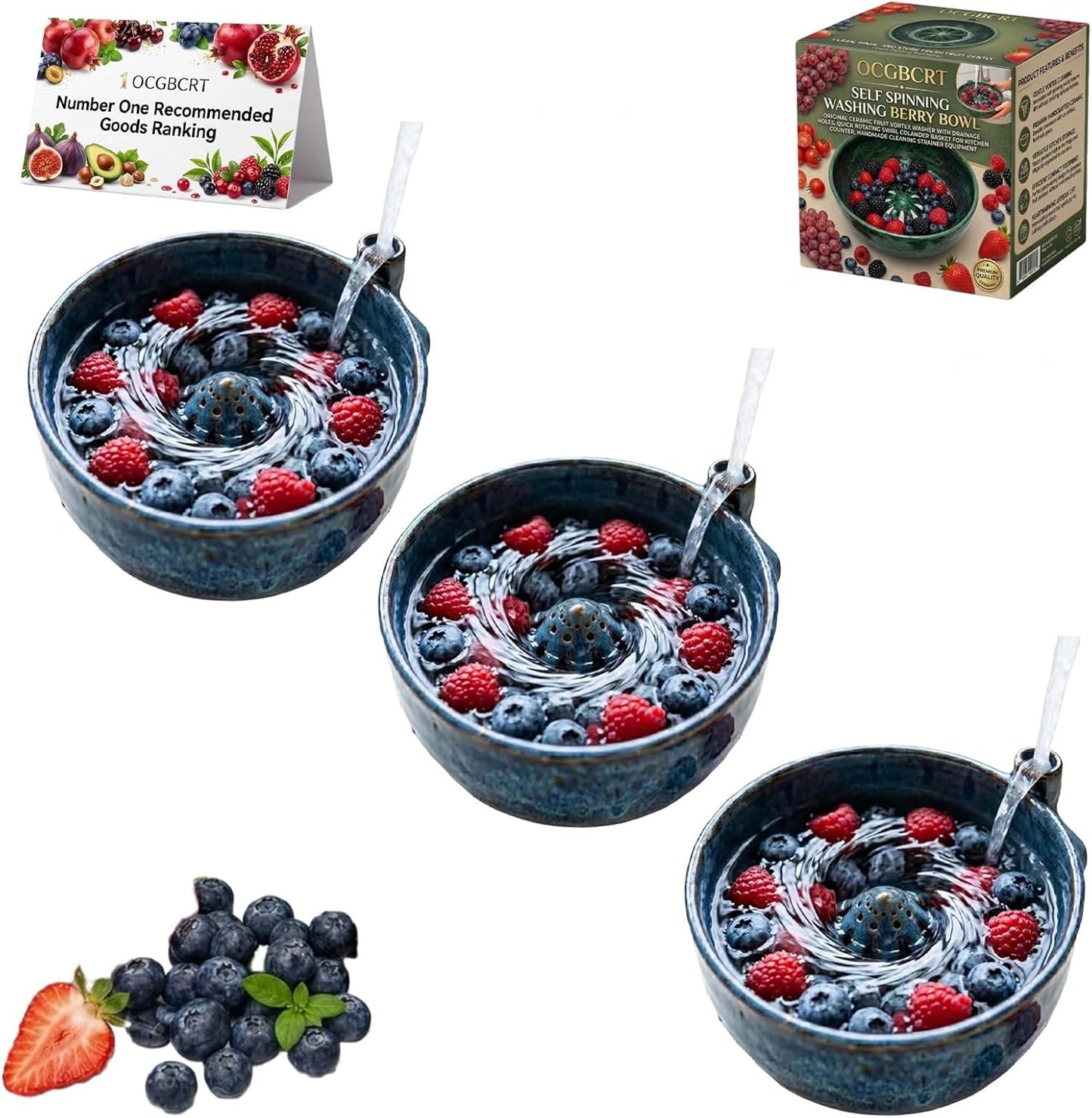 Self Spinning Washing Berry Bowl, Original Ceramic Fruit Vortex Washer with Drainage Holes, Quick Rotating Swirl Colander Basket for Kitchen Counter, Handmade Cleaning Strainer Equipment