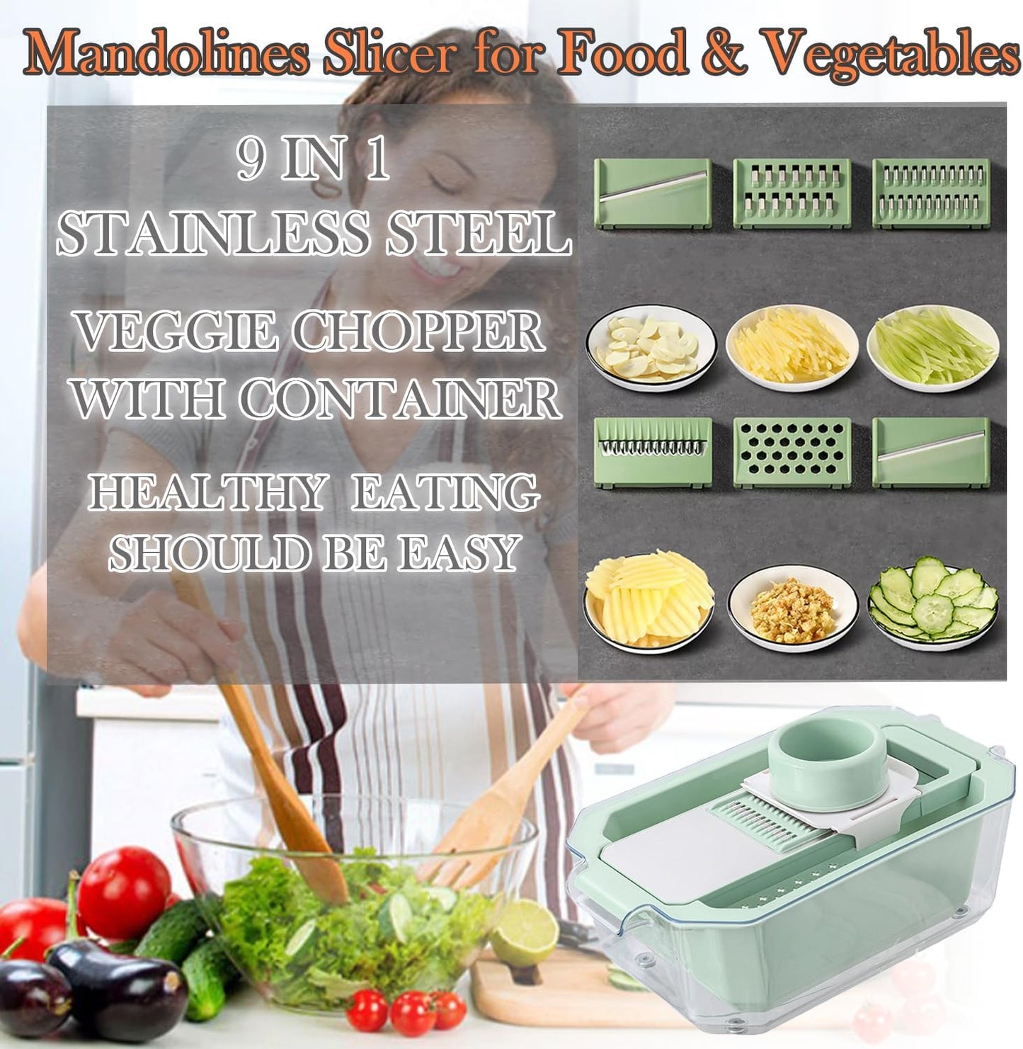 GEHEN Kitchen Pro-Series 9-in-1, 6 Blade Vegetable Chopper, Mandoline Slicer, Food Chopper with Container, 5 Quarts Filter Storage basket, Onion rings, Fruit Slicer, Kitchen Gadgets & Accessories
