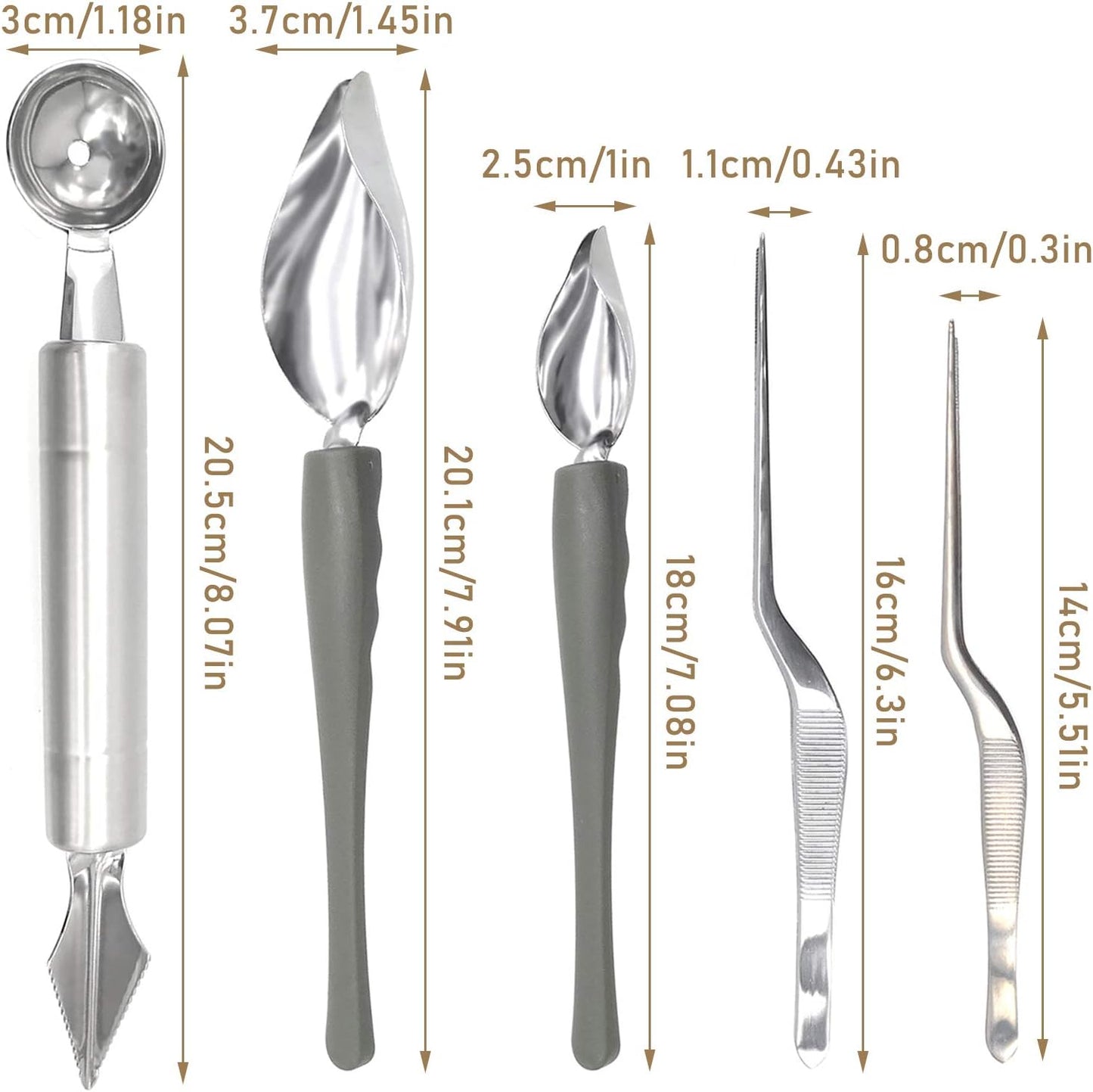 5 Pieces Culinary Drawing Decorating Spoon Set, Drizzle Spoons, Cooking Tweezers and Melon Baller Spoon, Professional Chef Tool for Decorating Plates