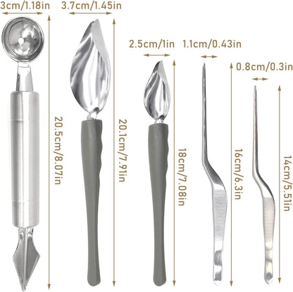 5 Pieces Culinary Drawing Decorating Spoon Set, Drizzle Spoons, Cooking Tweezers and Melon Baller Spoon, Professional Chef Tool for Decorating Plates