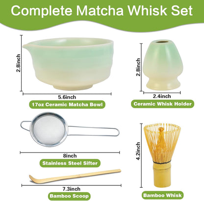 Matcha Whisk Set, 5pcs Japanese Ceremony Matcha Tea Kit Includes Ceramic Matcha Bowl with Spout, Bamboo Whisk & Holder, Traditional Scoop, Stainless Sifter, Gift for Matcha Lovers Beginner