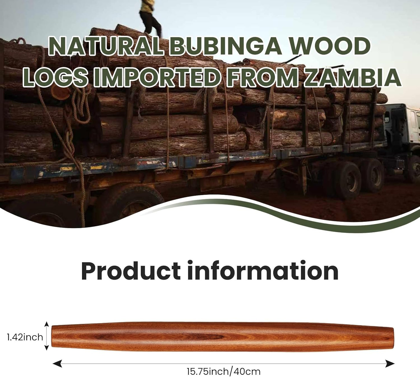 Natural High-Density Solid Bubinga Wood French Rolling Pin | 50% Heavier than Sapele pins | Less Effort | Perfect for Pies, Pastry & Cookies | Protective Fabric Sleeve - Ideal Baking Gift.
