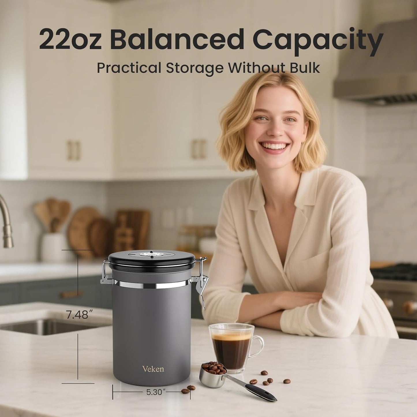 Veken Coffee Canister, Airtight Stainless Steel Kitchen Food Storage Container with Date Tracker and Scoop for Beans, Grounds, Tea, Flour, Cereal, Sugar, Cookie, 16OZ, Cream