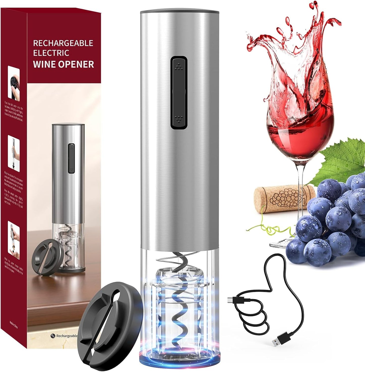 CIRCLE JOY Electric Wine Opener Stainless Steel Rechargeable Automatic Wine Bottle Opener Set 7-in-1 Wine Gifts for Wine Lovers with Charging Base, Foil Cutter, Wine Aerator Pourer & 2 Vacuum Stoppers