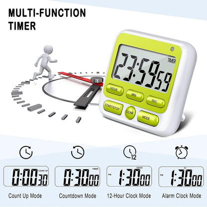 KTKUDY Digital Kitchen Timer with Mute/Loud Alarm Switch ON/Off Switch, 12-Hour Clock & Alarm, Memory Function Count Up & Count Down for Kids Teachers Cooking, Large LCD Display, Strong Magnet (Black)