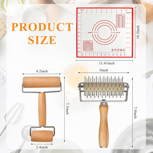Set of 3 Pizza Kit Including Stainless Steel Pizza Dough Roller, Wooden Docker Rolling Pin and Non-slip Silicone Baking Mat, Dough Hole Maker for Cookie Pie Pastry Crust