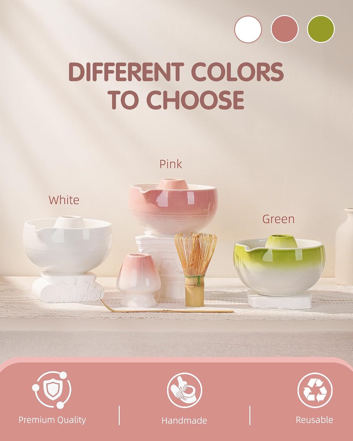 ZENS Pink Matcha Set, Matcha Whisk Set Includes 15oz Ceramic Bowl & (Chasen Holder), Bamboo Whisk & Scoop, Sifter and Pink Tea Towel, 6pcs Matcha Kit for Matcha Lovers