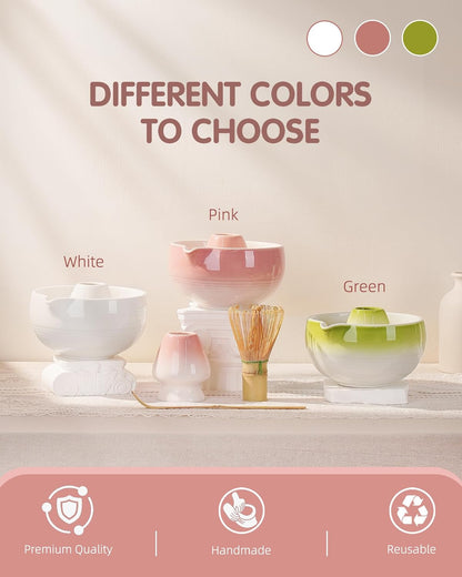 ZENS Pink Matcha Set, Matcha Whisk Set Includes 15oz Ceramic Bowl & (Chasen Holder), Bamboo Whisk & Scoop, Sifter and Pink Tea Towel, 6pcs Matcha Kit for Matcha Lovers