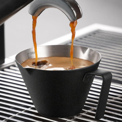 YARRAMATE 2 Pcs Espresso Cups with Handle, Stainless Steel Espresso Accessories, Double Spout Metal Measuring Cup with Dual Scale, Espresso Shot cup with V-Shaped Mouth, 3.4OZ/100ML(Silver)