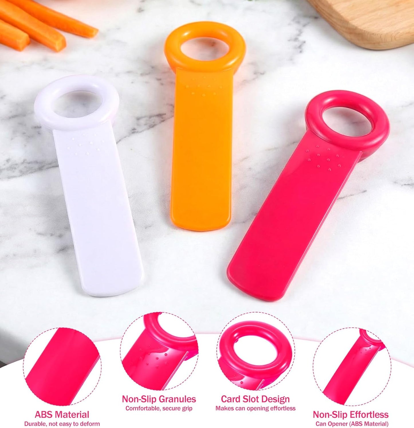 3PCS Jar Key Lid Opener, 5.51-Inch Jar Key for Seniors & Arthritis, Plastic Can Opener, Church Key Design for Sealed Lids (Rose Red, White and Orange)