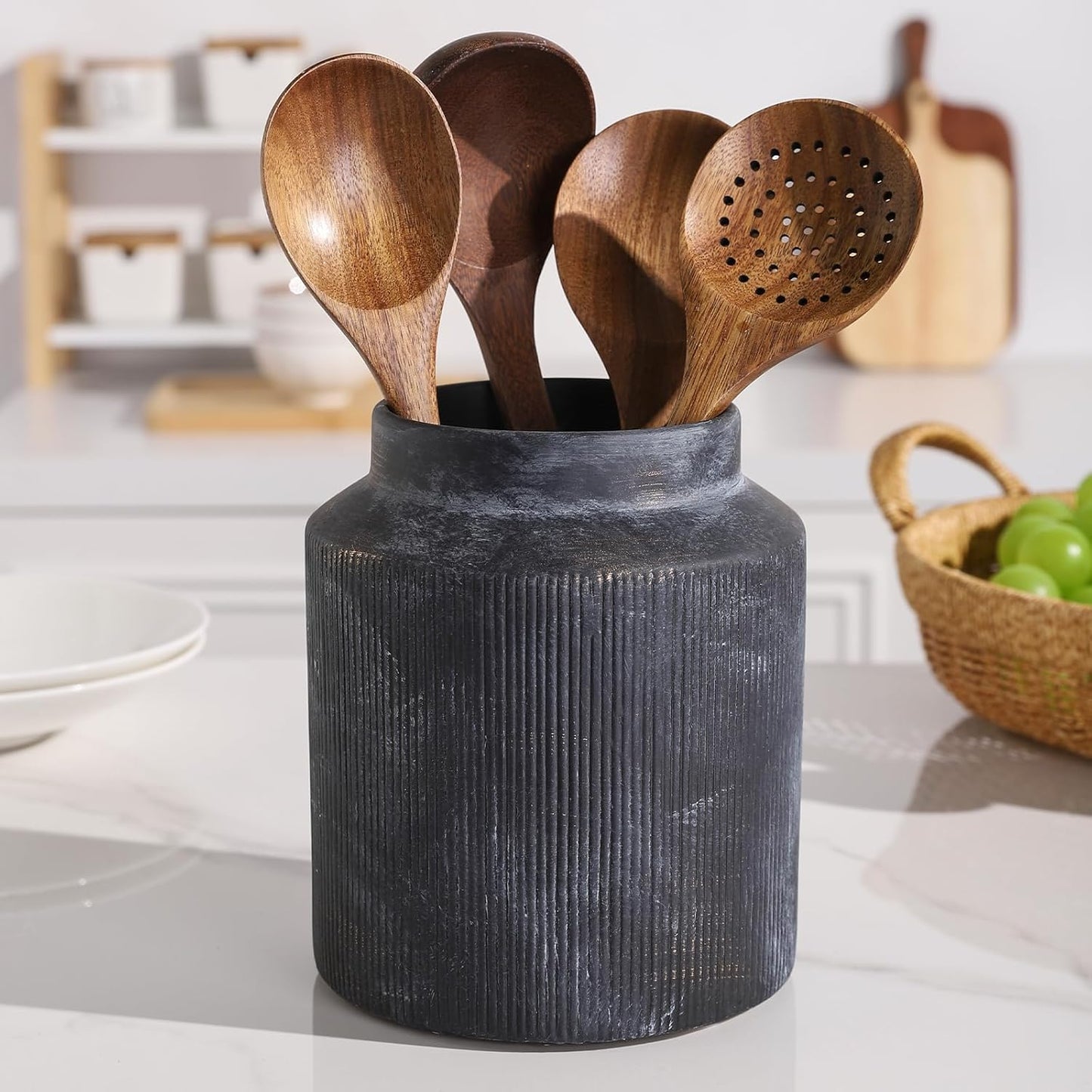 Farmhouse Ceramic Farmhouse Kitchen Utensil Holder for Countertop, Rustic Cooking Utensil Holder Crock Fit for Kitchen Counter. 6.1 x 6.1 x 7 IN