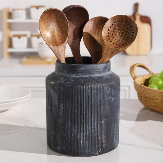 Farmhouse Ceramic Farmhouse Kitchen Utensil Holder for Countertop, Rustic Cooking Utensil Holder Crock Fit for Kitchen Counter. 6.1 x 6.1 x 7 IN